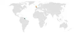 Map indicating locations of Suriname and United Kingdom