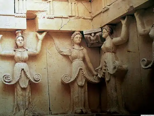 Ten female caryatids carved in high relief on the walls of the central chamber of the Thracian Tomb of Sveshtari, first quarter of the 3rd century BC, southwest of the village of Sveshtari, Razgrad Province, Bulgaria.