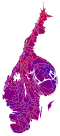 Cartogram of vote with each municipality rescaled in proportion to number of valid votes cast. Deeper blue represents a relative majority for the centre-right coalition, brighter red represents a relative majority for the left-wing coalition.