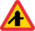 (thick is priority road) Road intersection where drivers of vehicles on connecting roads have a duty to give way 45-degree connection from the left, perpendicular connection from the right