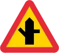 (thick is priority road) Road intersection where drivers of vehicles on connecting roads have a duty to give way 135-degree connection from the left, perpendicular connection from the right