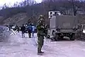A Swedish soldier manning a civilian checkpoint leading to the Joint Civilian Commission meeting in Doboj
