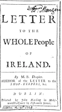 A document reads "Letter to the Whole People of Ireland." At the bottom is the same signature and printer as before.