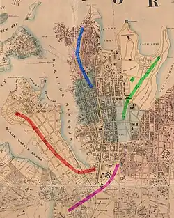 Location in Sydney city highlighted in red on an 1857 map