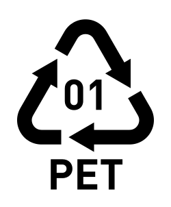 A symbol consisting of three clockwise curved arrows forming a triangle around the number 01. Beneath it are the letters PET, an abbreviation of polyethylene terephthalate.
