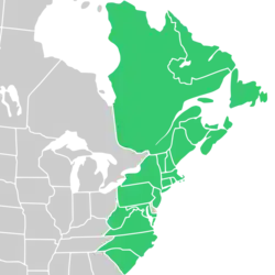 Symphyotrichum novi-belgii native distribution: Canada — Labrador, New Brunswick, Newfoundland, Nova Scotia, Prince Edward Island, and Québec; US — Connecticut, Maine, Maryland, Massachusetts, New Hampshire, New Jersey, New York, North Carolina, Pennsylvania, Rhode Island, South Carolina, Vermont, Virginia, and West Virginia.