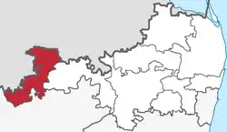 A map of Tiruvallar District, Tamil Naduz, India, which denotes the location of Pallipatu taluk in red.