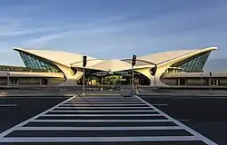 Exterior view of the terminal, seen from a crosswalk outside the main entrance