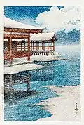 Snow on a clear day at Miyajima (Seiten no yuki [Miyajima]), woodblock print, from the series Souvenirs of Travel II (Tabi miyage dai nishū) by Hasui Kawase