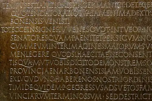 Close-up of the Lyon Tablet, a bronze tablet from after 48 AD