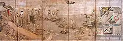 A deity with many attendants approaches a house with people.