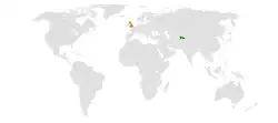 Map indicating locations of Tajikistan and United Kingdom
