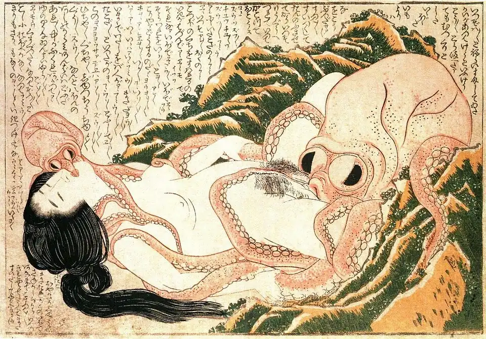 Image 83The Dream of the Fisherman's Wife, an erotic woodcut made circa 1820 by Hokusai.