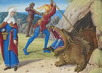 St. Martha clearly holding an aspergillum and bucket, with tarasque