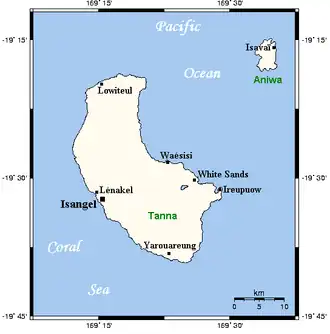 Map of Tanna and Aniwa, with Aniwa at the top right