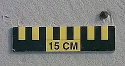 A ball of tar about 1 cm (0 in) wide on sand above a 15 cm (6 in) scale