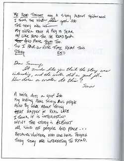 Teacher writing with a student about a story they have read