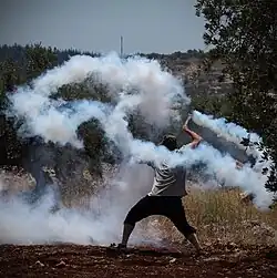 A protester uses a sling to send a tear gas grenade back towards Israeli soldiers during a Palestinian weekly protest in Ni'lin, July 2014.