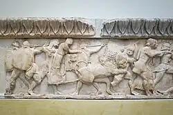 Detail of the north frieze showing the lion-pulled chariot of Dionysus, ridden by Themis, attacking a Giant