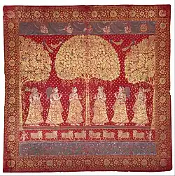 Gopis and cows, late 18th century, cotton plain-weave, dyed and painted with opaque watercolors, gold and silver, 244&nbsp;cm (96.06″) x 254&nbsp;cm (100″)