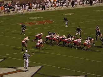 An overhead shot of the Maryland–Virginia game shortly before the snap. Maryland is on offense and is lined up in an I-formation.