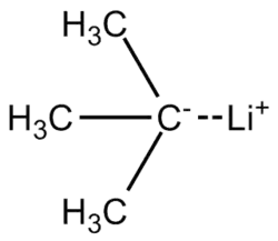 Skeletal formula of tert-butyllithium with all implicit hydrogens shown, and partial charges added