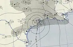 Weather map showing the storm with weather observations and isobars plotted