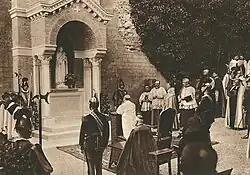 Image 34Pope Pius XI decree and conferment of Saint Therese of France to be Patroness of the gardens, flanked by Cardinal Louis Billot. The Leonine walls, 17 May 1927. (from Gardens of Vatican City)