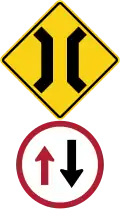 Narrow bridge - give way to oncoming vehicles (used at traffic bottleneck points)