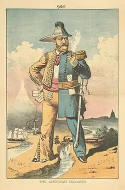 A 19th-century political cartoon done in color depicting a colossal man straddling the Rio Grande river with one half labeled "MEXICO" and the other half labeled "UNITED STATES". The man's outfit is bisected down the middle; his "United States" half wears a gold-buttoned blue-cloth military uniform resembling American military officers of the time period. His "Mexico" half wears a wide-brimmed hat and a tan (possibly leather?) jacket and pants with tassels. In one hand he carries papers labeled "RR BONDS" (possibly "railroad bonds") and "MINING SHARES". Tucked under his military belt is a paper labeled "CAPTAIN GENERAL PAY". In his other free hand he holds a smoking cigar. He wears a saber on his belt. A string ties him to a ship on the Mexico half of the image in a waterway labeled "NICARAGUA SHIP CANAL". Behind him is a train crossing a bridge over a river labeled "RIO GRANDE". Further behind the figure are buildings with smokestacks labeled "MINAS PRISTOS MINING CO." The image is signed "KENDRICK". It is captioned "THE AMERICAN COLOSSUS