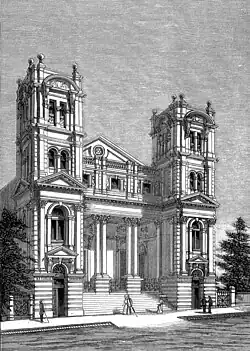 Black and white print of a building with two tall towers, a central portico with columns, and arched windows. A caption reads "The Australian Church".