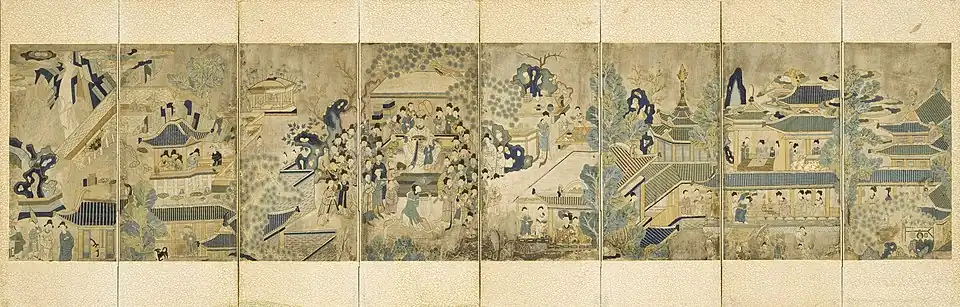 Joyous Banquet of Guo Fenyang (Korean:&nbsp;곽분양행락도), folding screen, embroidery on silk, Korea, Joseon dynasty (Los Angeles County Museum of Art)