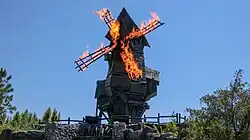 The Burning Blade Tavern windmill on fire