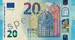 Obverse of 20 euro banknote (series ES2) with holographic foil over the window (upper right side) (paper substrate)