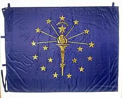 The first Indiana flag after adoption to be used by the state government. This flag was created by Paul Hadley to be used at the Indiana Statehouse in 1923.[24]