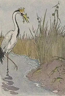 Image 34A frog being eaten by King Stork, an illustration by Milo Winter in a 1919 Aesop anthology (from Frogs in culture)