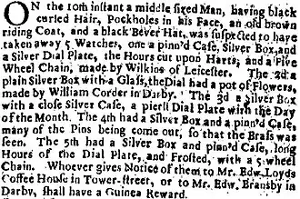 Advertisement for information about five stolen watches, mentioning Lloyd's coffee house