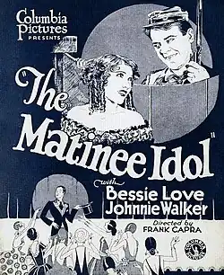 Illustrated handbill cover with a woman and a man in Civil War-era costumes smiling at each other above an inset scene of a dapper man in a top hat performing onstage before a crowd of cheering women.