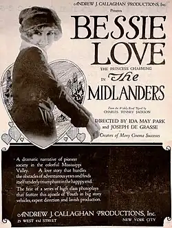 Vintage advertisement with a smiling girl beside stylized text describing the film as a romantic pioneer story