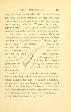 A drawing of a knife with the blade tip pointed downward; the printed text around it conforms to the shape of the knife