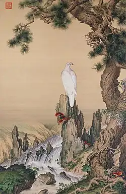 郎世宁嵩献英芝图轴 The Pine, Hawk and Glossy Ganoderma, 1724. Painted in honour of Yongzheng's birthday,[16]
