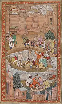Farrukh Chela: The Punishment of Khwaja Mu'azzam, 231 x 125 mm, 1604. A page of the Chester Beatty illuminated Akbarnama manuscript. Chester Beatty (Library), Dublin.