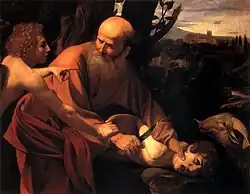 Painting of an elderly man holding a young boy's head down with one hand; a winged angel restrains the man's other hand, which grasps a knife. A ram looks on from the side; in the background is a Renaissance landscape with hills, trees, and a castle.