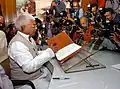 The then Union Minister for Railways, Lalu Prasad giving finishing touches to the Railway Budget of 2005-06 in New Delhi on February 25, 2005