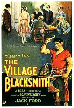 A movie poster with a muscular blacksmith in a red shirt raising a hammer beside his anvil, while a dramatic courtroom scene with a young woman and several men unfolds in the background