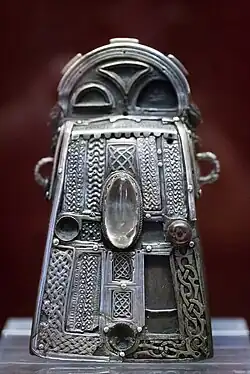 Bell Shrine of St. Mura, 11th century. Reputed to have come from the Abbey of Fahan, County Donegal, Ireland, where Saint Mura (c. 550–645) was the first abbot. Now in the Wallace Collection, London.[43]
