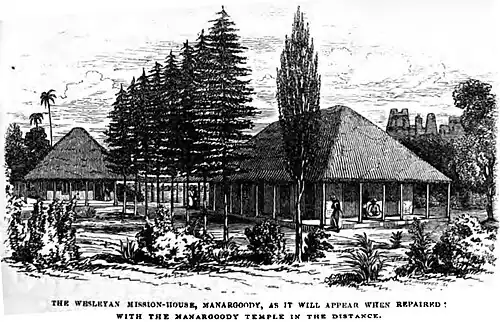 The Wesleyan Mission-House, Manargoody, as it will appear when repaired, with the Manargoody Temple in the distance (November 1855, p.&nbsp;120, Rev. Thomas Hodson)