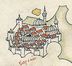 Coloured sketch of the Castle of Bouka. After Piri Reis, beginning of the 17th c.