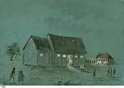 Gouache sketch on coloured board of the Reverend T. Q. Stow's temporary Congregational Chapel (seen at night) on North Terrace, Adelaide, built in 1837.