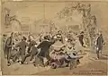 This image shows people on the goldfields in Australia at a dance in 1854.